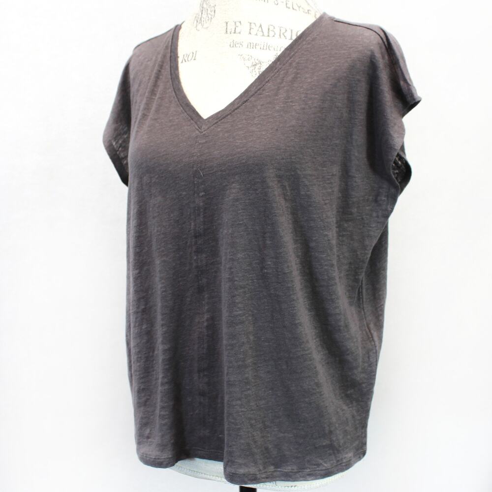 Eileen Fisher Brown 100% Linen V-Neck Bat Sleeve T-Shirt Top Minimalist XS